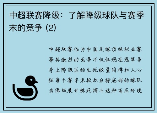 中超联赛降级：了解降级球队与赛季末的竞争 (2)
